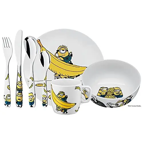 Produktbild: WMF Minions Kinder Geschirrset 7-teilig, Kindergeschirr mit Kinderbesteck Edelstahl, ab 3 Jahre, Cromargan poliert, spülmaschinengeeignet