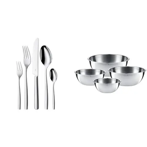 Produktbild: WMF Palma Besteck Set 12 Personen, Essbesteck 60 teilig Monobloc-Messer & Gourmet Schüsselset 4-teilig Edelstahl Schüsseln für die Küche 0,75l - 2,75l, Cromargan, stapelbar