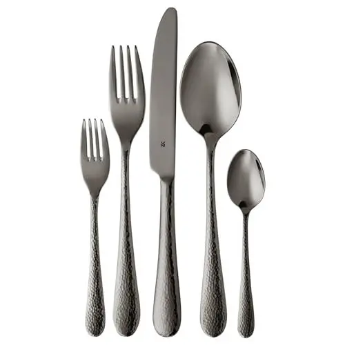 Produktbild: WMF Sitello Besteck Set 6 Personen, Midnight-Edition, Essbesteck Set 30 teilig, Monobloc-Messer, Cromargan Edelstahl poliert, Hammerschlag, ergonomisch, glänzend