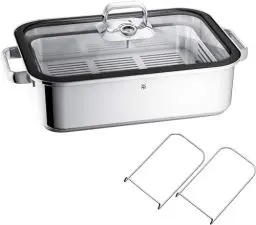 Produktbild: WMF Vitalis Aroma Dampfgarer, Bräter Induktion, 41x27x10 cm, Auflaufform 6,5l, Glasdeckel Silikonrand, Dampfgarer für Backofen, Garthermometer, Garblech, Cromargan Edelstahl unbeschichtet
