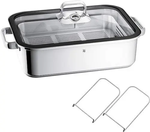 Produktbild: WMF Vitalis Aroma Dampfgarer, Bräter Induktion, 41x27x10 cm, Auflaufform 6,5l, Glasdeckel Silikonrand, Dampfgarer für Backofen, Garthermometer, Garblech, Cromargan Edelstahl unbeschichtet