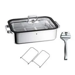 Produktbild: WMF Vitalis Aroma Dampfgarer, Bräter Induktion, 41x27x10cm, Auflaufform 6,5l, Servierzange, Glasdeckel Silikonrand, Thermometer, Garblech, Cromargan Edelstahl unbeschichtet