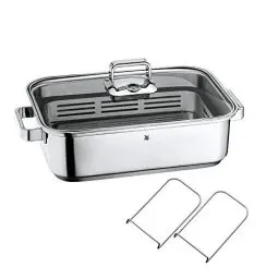 Produktbild: WMF Vitalis Aroma Dampfgarer, Bräter Induktion, 41x27x10cm, Auflaufform 6,5l mit Glasdeckel, Thermometer, Garblech, Cromargan Edelstahl unbeschichtet