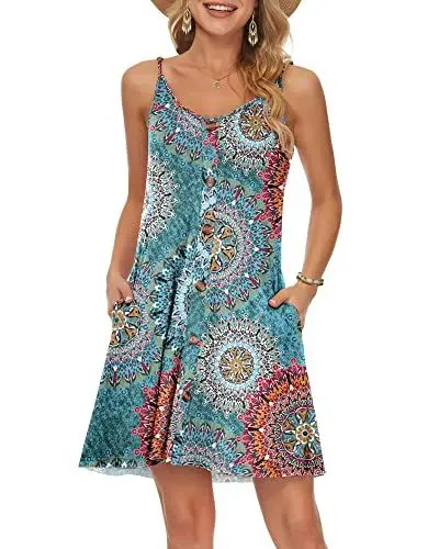 Produktbild: WNEEDU Damen Kleid Sommer Spaghettiträger Sommerkleid Kurze Strandkleider V Ausschnitt Leichte Freizeitkleid mit Taschen Grün drucken L