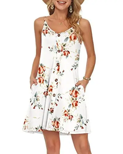 Produktbild: WNEEDU Damen Kleid Sommer Spaghettiträger Sommerkleid Kurze Strandkleider V Ausschnitt Leichte Freizeitkleid mit Taschen Rose Weiß M