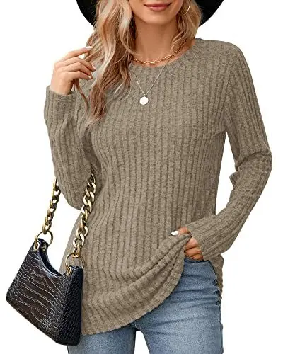 Produktbild: WNEEDU Damen Langarm Tops Leichte Rundhals Sweatshirts Lässige Langarmshirt für Frauen Herbst Strickpullover Winter Sweater Tunika Oberteile Pullover Aprikose 2XL