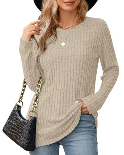 Produktbild: WNEEDU Damen Langarm Tops Leichte Rundhals Sweatshirts Lässige Langarmshirt für Frauen Herbst Strickpullover Winter Sweater Tunika Oberteile Pullover Helle Aprikose M