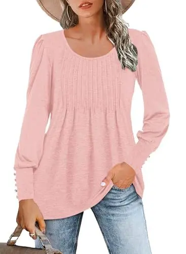 Produktbild: WNEEDU Damen Langarmshirt Elegant Rundhals Plissee T-Shirt Puff Langarm Bluse(Hellrosa,L)