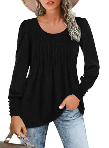 Produktbild: WNEEDU Damen Langarmshirt Elegant Rundhals Plissee T-Shirt Puff Langarm Bluse(Schwarz,XL)