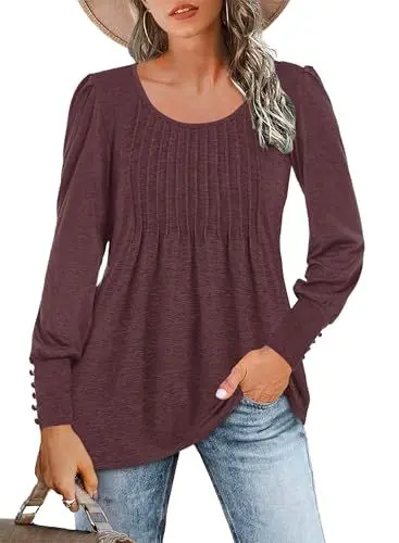 Produktbild: WNEEDU Damen Langarmshirt Elegant Rundhals Plissee T-Shirt Puff Langarm Bluse(Weinrot,L)