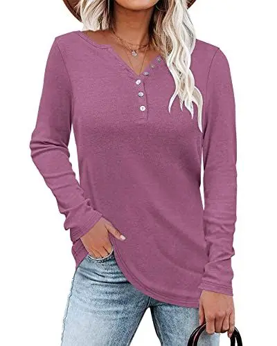 Produktbild: WNEEDU Damen Langarmshirt Henley Shirt Langarm Lässig T-Shirt V-Ausschnitt Bluse Knöpfe Pullover