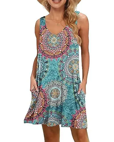 Produktbild: WNEEDU Damen Leichte Sommerkleid V-Ausschnit Swing Tank-Kleid Ärmellos Strandkleid Knielang mit Taschen