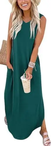 Produktbild: WNEEDU Damen Maxi Sommer Kleider Lang Strandkleider Ärmellos V-Ausschnitt Freizeitkleid A-Linie Shirtkleider mit Taschen,Dunkelgrün XL