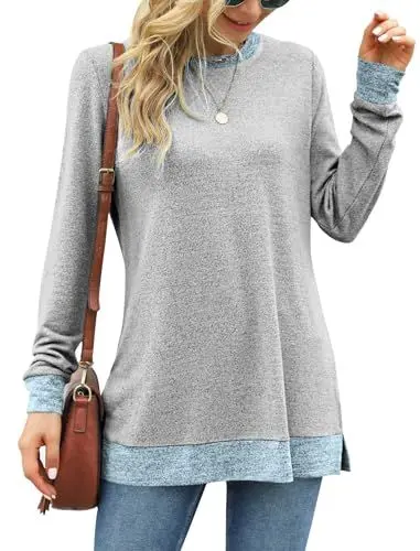 Produktbild: WNEEDU Damen Oberteile Langarmshirt Rundhalsausschnitt Langarm Sweatshirts für Frauen Leichte Pullover Basic Tops Weiß Grau L