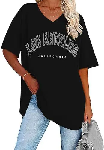 Produktbild: WNEEDU T-Shirt Damen Sommer Oversize Shirt Kurzarm V Ausschnitt Oberteile lässiges Top Schwarz Los Angeles L