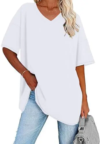 Produktbild: WNEEDU T-Shirt Damen Sommer Oversize Shirt Kurzarm V Ausschnitt Oberteile lässiges Top Weiß XL