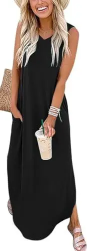 Produktbild: WNEEDU Damen Sommer Kleid Ärmellos Maxi Sommerkleid Strandkleider Lang Leichte Freizeitkleid V Ausschnitt mit Taschen,Schwarz L