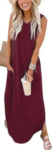 Produktbild: WNEEDU Damen Sommer Kleid Ärmellos Maxi Sommerkleid Strandkleider Lang Leichte Freizeitkleid V Ausschnitt mit Taschen,Weinrot L