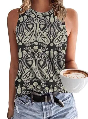 Produktbild: WNEEDU Damen Tank Top Ärmellos Oberteile Sommer Tanktops Rundhals Blusentop Vest Top Bluse Basic 2024 Boho Floral Schwarz XL