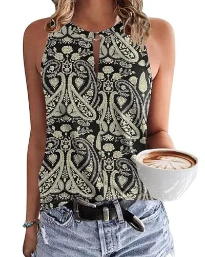 Produktbild: WNEEDU Damen Tank Top Sommer Ärmellose Oberteile Tops V-Ausschnitt Sexy Tanktops Lässiges Strand Shirts Blusentop Boho Blumenschwarz S