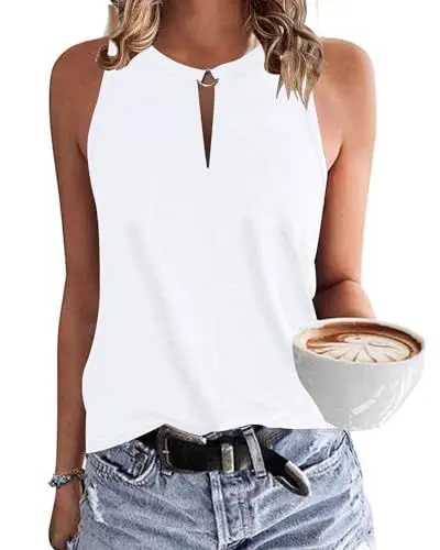 Produktbild: WNEEDU Damen Tank Top Sommer Ärmellose Oberteile Tops V-Ausschnitt Sexy Tanktops Lässiges Strand Shirts Blusentop Weiß S