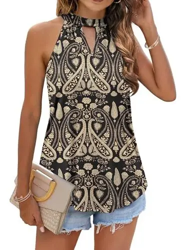 Produktbild: WNEEDU Damen Tank Tops Sommer Neckholder Ärmellos Oberteile Rundhals Schulterfrei Elegant Blusen Top Shirts Boho Floral Schwarz1 L