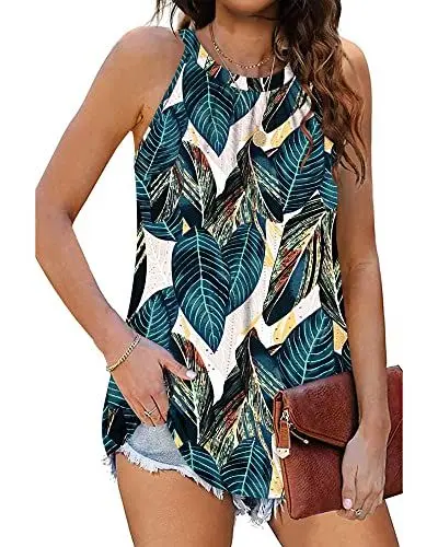 Produktbild: WNEEDU Damen Tank Tops Elegante Neckholder Oberteile Sommer Ärmellose Tanktop Blusen Top Shirts Blattdruck M