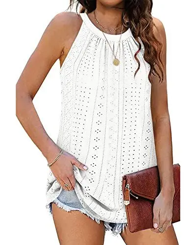 Produktbild: WNEEDU Damen Tank Tops Elegante Neckholder Oberteile Sommer Ärmellose Tanktop Blusen Top Shirts Weiß XL