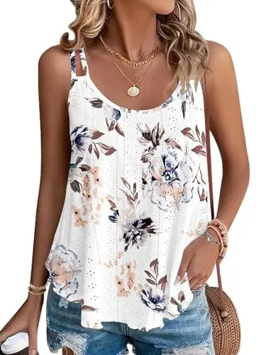 Produktbild: WNEEDU Damen Tank Tops Sommer Spaghetti Cami Oberteile Ärmellose Rundhalsausschnitt Blusen Top Shirts Blume Weiß M