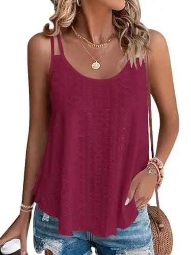 Produktbild: WNEEDU Damen Tank Tops Sommer Spaghetti Cami Oberteile Ärmellose Rundhalsausschnitt Blusen Top Shirts Burgund M