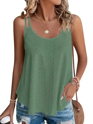 Produktbild: WNEEDU Damen Tank Tops Sommer Spaghetti Cami Oberteile Ärmellose Rundhalsausschnitt Blusen Top Shirts Dunkelgrün L