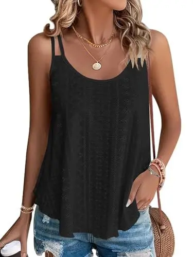 Produktbild: WNEEDU Damen Tank Tops Sommer Spaghetti Cami Oberteile Ärmellose Rundhalsausschnitt Blusen Top Shirts Schwarz L
