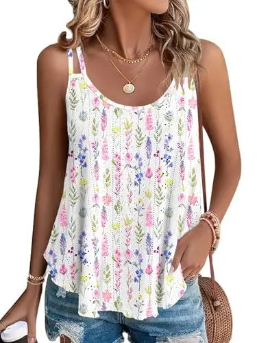 Produktbild: WNEEDU Damen Tank Top Sommer Spaghetti Cami Oberteile Ärmellose Rundhalsausschnitt Shirt Blusen Tops Vertikale Blume L
