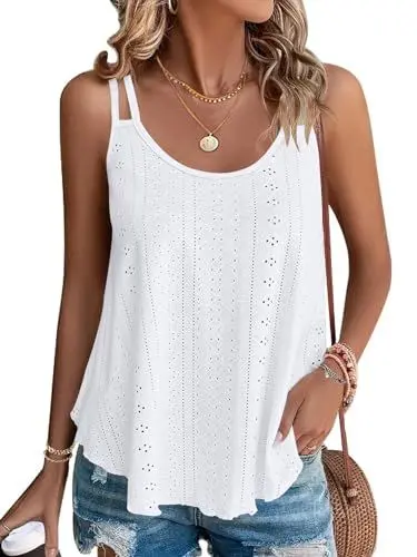 Produktbild: WNEEDU Damen Tank Tops Sommer Spaghetti Cami Oberteile Ärmellose Rundhalsausschnitt Blusen Top Shirts Weiß L
