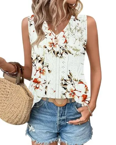 Produktbild: WNEEDU Damen Tanks Tops Sommer V-Ausschnitt ärmellos locker Cami Oberteil mit Eyelet-Stickerei und Seiten-Splits Oberteile Shirts Top Braune Rote Blume S