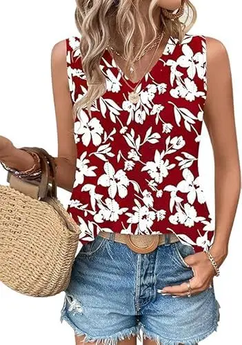 Produktbild: WNEEDU Damen Tanks Tops Sommer V-Ausschnitt ärmellos locker Cami Oberteil mit Eyelet-Stickerei und Seiten-Splits Oberteile Shirts Top Rote Weiße Blume S