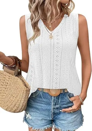 Produktbild: WNEEDU Damen Tanks Tops Sommer V-Ausschnitt ärmellos locker Cami Oberteil mit Eyelet-Stickerei und Seiten-Splits Oberteile Shirts Top Weiß XL