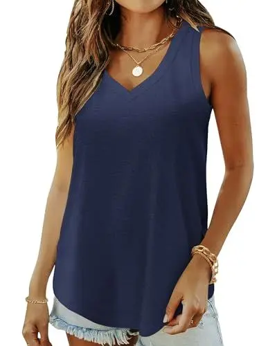 Produktbild: WNEEDU Damen Tanktop Sommer Basic - Ärmellos Oberteile V-Ausschnitt T Shirt Top Cami Bluse(Blau 2XL)