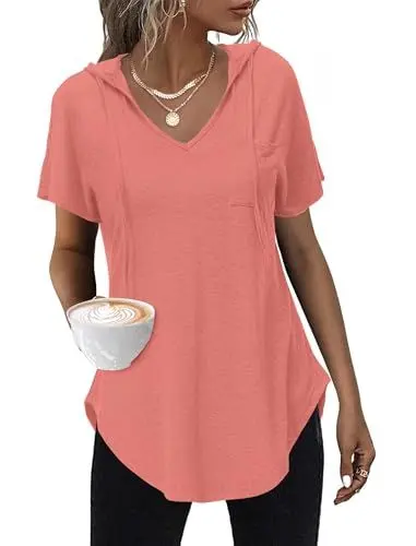 Produktbild: WNEEDU Kapuzenpullover Damen Sommer T-Shirt Top Hoodie Kurzarm Oberteile Wassermelone Rot 2XL