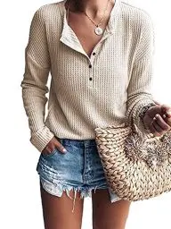 Produktbild: WNEEDU Langarmshirt Damen Pullover Waffelstrick Langarm Oversize T-Shirt Leichte Henley Shirt V-Ausschnitt mit Knöpfe