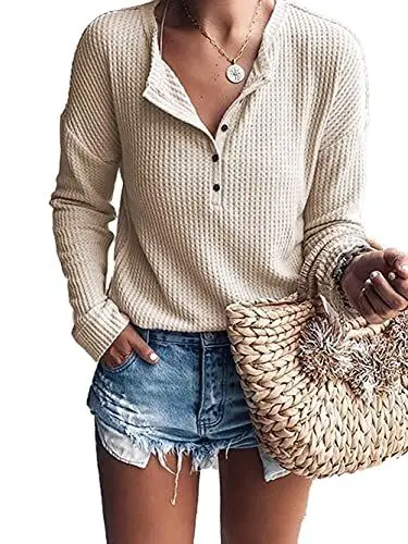 Produktbild: WNEEDU Langarmshirt Damen Pullover Waffelstrick Langarm Oversize T-Shirt Leichte Henley Shirt V-Ausschnitt mit Knöpfe