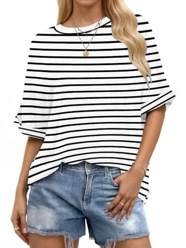 Produktbild: WNEEDU Oversize Shirt Damen Kurzarm Rundhals Oberteile Damen Sommer Basic T-Shirt Locker Top Bluse mit Gekrempelten Ärmeln Weiße Schwarz Streifen XL