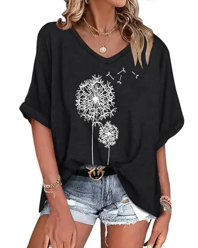 Produktbild: WNEEDU Oversize T-Shirt Damen Sommer V Ausschnitt Top Damen Kurzarm Oberteile Sommer Bluse Shirt Locker Leicht und Luftig Schwarz Weißer Löwenzahn XL