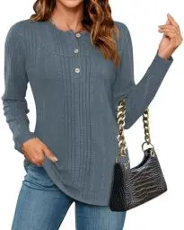 Produktbild: WNEEDU Pullover Damen Winter Elegant Langarm Pulli Herbst Lässige Leichtes Langarmshirt mit Knöpfen Locker Henley Shirt Tunika Tops Oberteile Damen Blau XL