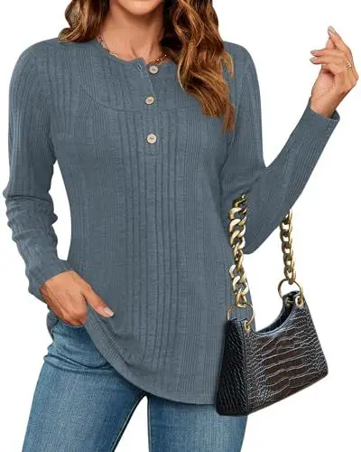 Produktbild: WNEEDU Pullover Damen Winter Elegant Langarm Pulli Herbst Lässige Leichtes Langarmshirt mit Knöpfen Locker Henley Shirt Tunika Tops Oberteile Damen Blau XL