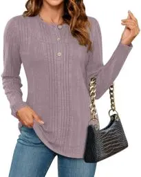 Produktbild: WNEEDU Pullover Damen Winter Elegant Langarm Pulli Herbst Lässige Leichtes Langarmshirt mit Knöpfen Locker Henley Shirt Tunika Tops Oberteile Damen Grau Rosa L