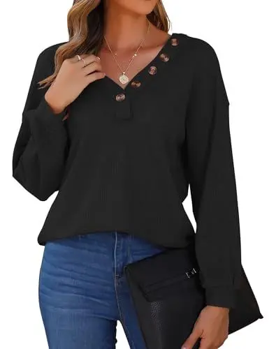 Produktbild: WNEEDU Schwarz Damen Waffelstrick Pullover V-Ausschnitt langärmelig Tops mit Dekorative Knöpfe Lässig Lose Tunika Shirts L