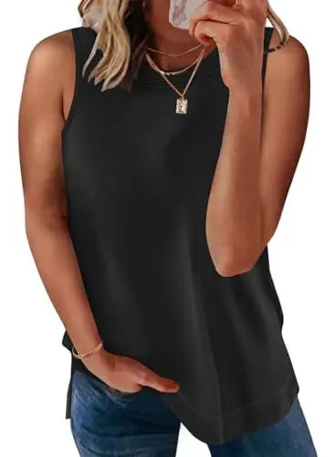 Produktbild: WNEEDU Tank Top Damen Sommer Tops Rundhals Ärmellose Tshirt Damen Locker Schwarz M