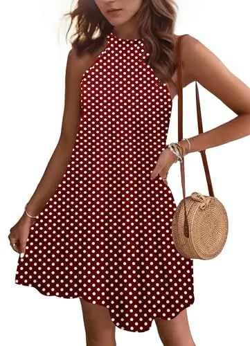 Produktbild: WNEEDU Sommerkleider Damen Kurze Strandkleider Neckholder Ärmelloses A-Linie Freizeitkleid mit Taschen,Rote Punkte M