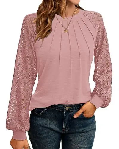 Produktbild: WNEEDU Sweatshirt Damen Pullover Herbst Langarmshirt Oberteile Tops T-Shirts Elegante Langarm Spitzen Lässig Bluse Frühling und Herbst Tops